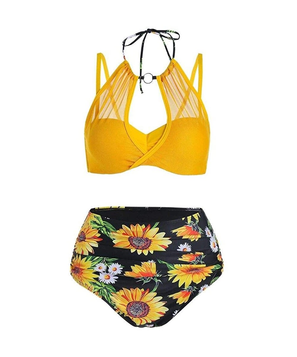 Women Sunflower Tummy Control Halter Wrap Bikini Swimwear - Multi-a - CJ199RN6559 $25.45-Sets