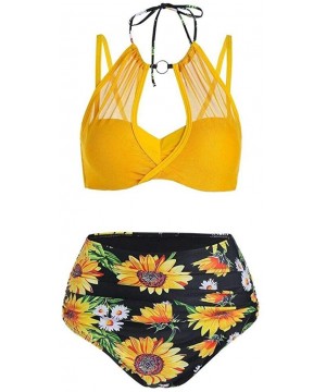 Women Sunflower Tummy Control Halter Wrap Bikini Swimwear - Multi-a - CJ199RN6559 $25.45-Sets