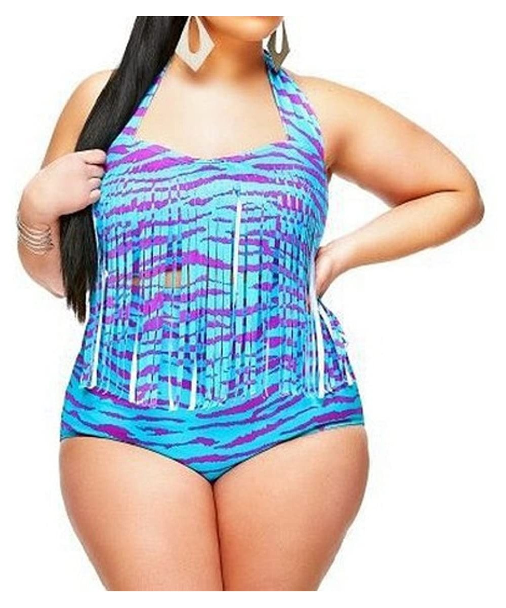 Plus Size High Waisted Bikini Sets Tassel Swimwear - Blue - CR12B7FGY8Z $24.48-Sets