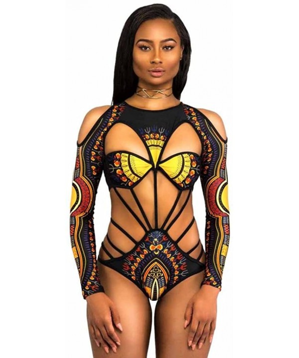 Women Sexy African Print Cut Out Bandage Padded One Piece Swimsuit Monokini Bathing Suit Swimwear - Black - CT18CEKOXCQ $13.1...