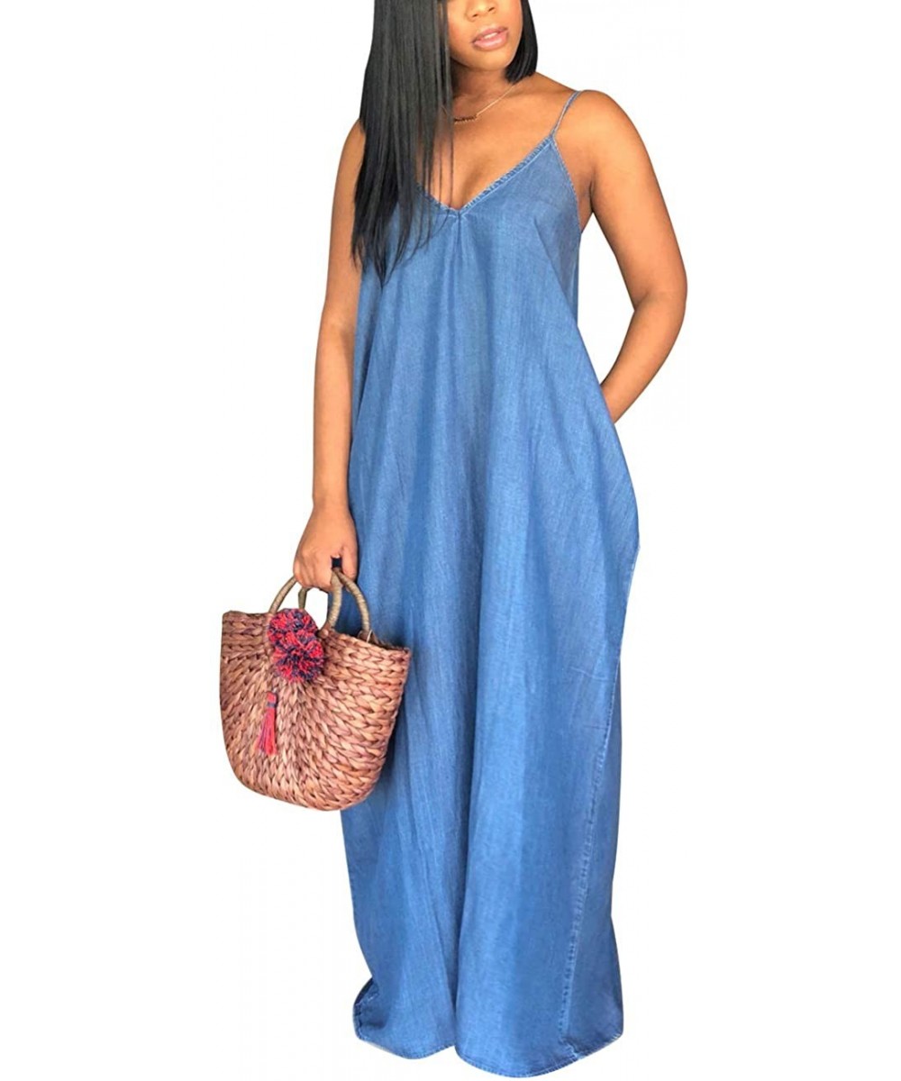 Women's Sexy Maxi Long Dresses Casual Spaghetti Strap Striped Floor Length Plus Size Long Sundress Pockets Light Denim1 - CX1...