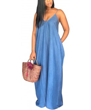 Women's Sexy Maxi Long Dresses Casual Spaghetti Strap Striped Floor Length Plus Size Long Sundress Pockets Light Denim1 - CX1...