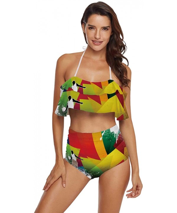 Women Ruffle Halter Swimsuit Backless Bikini Set Floral - Multi 37 - C0190EDELHL $36.04-Tankinis