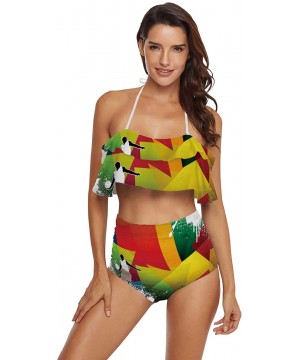 Women Ruffle Halter Swimsuit Backless Bikini Set Floral - Multi 37 - C0190EDELHL $36.04-Tankinis