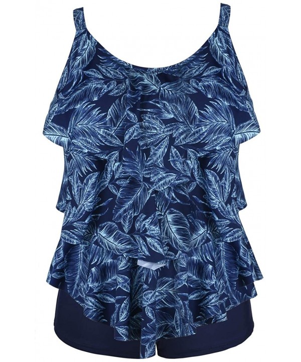 Women's Tankini Set Two Piece Swimsuit Layered Ruffled Top with Boyshort Swimwear - Blue Leaves Print - C818A79K3WE $30.16-Ta...