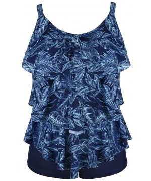 Women's Tankini Set Two Piece Swimsuit Layered Ruffled Top with Boyshort Swimwear - Blue Leaves Print - C818A79K3WE $30.16-Ta...