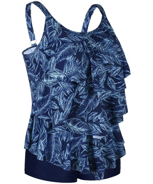 Women's Tankini Set Two Piece Swimsuit Layered Ruffled Top with Boyshort Swimwear - Blue Leaves Print - C818A79K3WE $30.16-Ta...