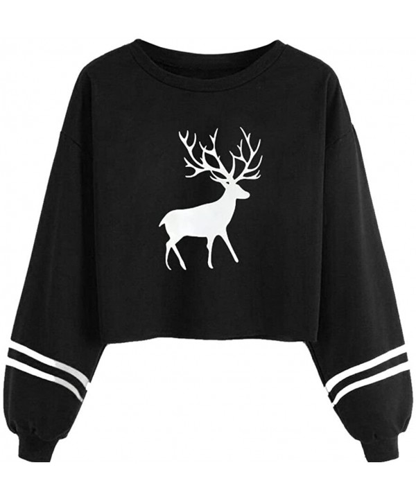 Women Fashion Sweatshirt Moose Print Long Sleeve Crop Top Teens - Black - C418ISRD4OS $13.26-Racing