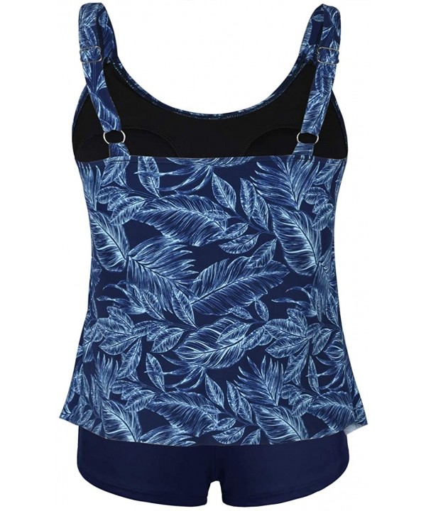 Women's Tankini Set Two Piece Swimsuit Layered Ruffled Top with Boyshort Swimwear - Blue Leaves Print - C818A79K3WE $30.16-Ta...