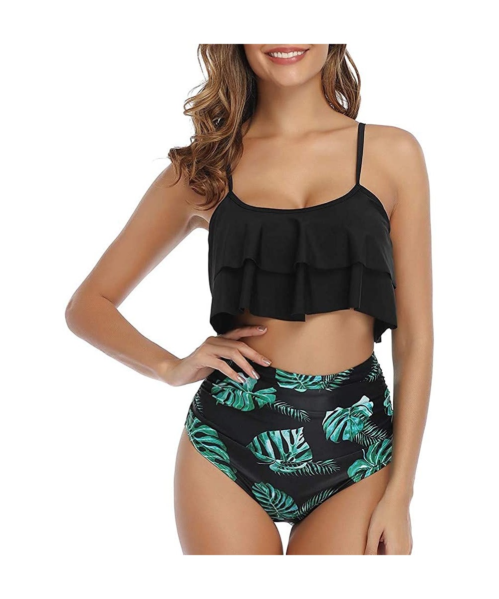 Women's Two Piece Swimsuits Tiered Flounce Top High Waist Bikini Bathing Suits - Black - CB19426WU3N $15.39-Sets