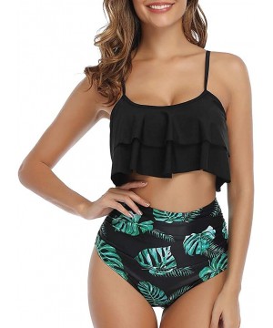 Women's Two Piece Swimsuits Tiered Flounce Top High Waist Bikini Bathing Suits - Black - CB19426WU3N $15.39-Sets