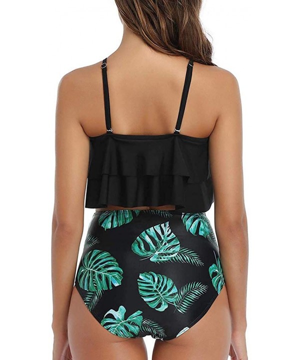 Women's Two Piece Swimsuits Tiered Flounce Top High Waist Bikini Bathing Suits - Black - CB19426WU3N $15.39-Sets