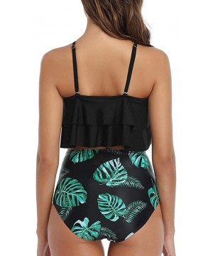 Women's Two Piece Swimsuits Tiered Flounce Top High Waist Bikini Bathing Suits - Black - CB19426WU3N $15.39-Sets