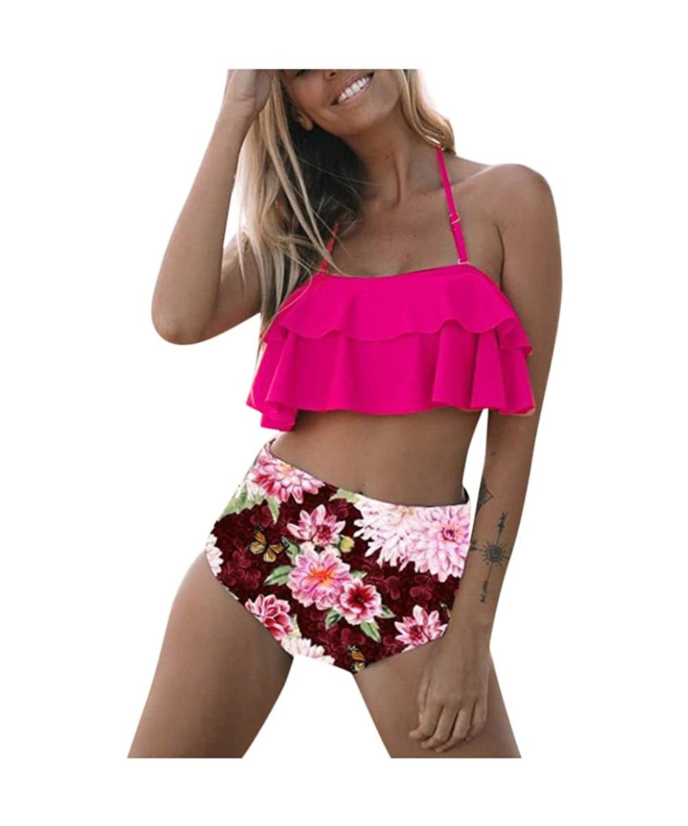 Swimsuit for Women Two Pieces Top Ruffled Backless Racerback with High Waisted Bottom Tankini Set - O-hot Pink - C4194WXAH07 ...