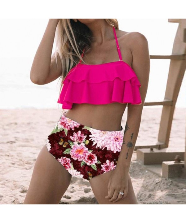 Swimsuit for Women Two Pieces Top Ruffled Backless Racerback with High Waisted Bottom Tankini Set - O-hot Pink - C4194WXAH07 ...