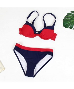 Womens Padded Split Swimsuit Push up Bra Triangle Solid Color Stitching Print Sling Bikini Set Swimwear Beachwear Red - CA194...