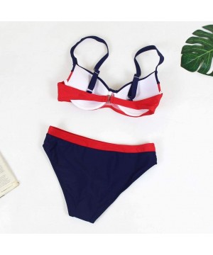 Womens Padded Split Swimsuit Push up Bra Triangle Solid Color Stitching Print Sling Bikini Set Swimwear Beachwear Red - CA194...