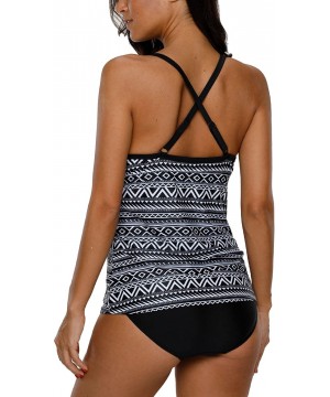 Women's Printed Tankini Swimsuit Cross Back Two Piece Swimwear Set - Black Aztec - C618CSWCMHY $12.67-Tankinis