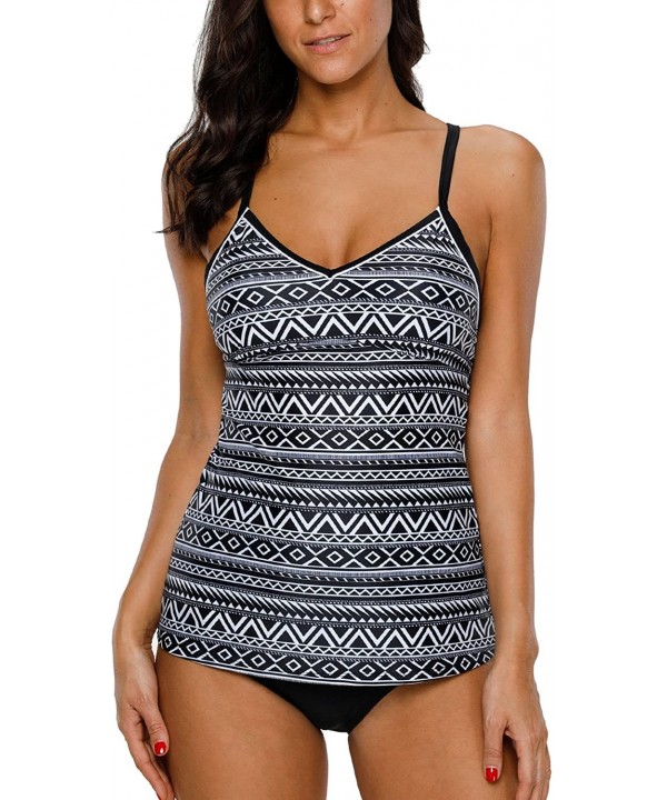 Women's Printed Tankini Swimsuit Cross Back Two Piece Swimwear Set - Black Aztec - C618CSWCMHY $12.67-Tankinis