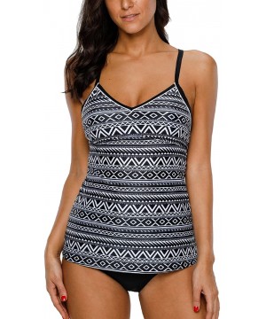 Women's Printed Tankini Swimsuit Cross Back Two Piece Swimwear Set - Black Aztec - C618CSWCMHY $12.67-Tankinis