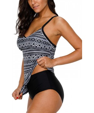 Women's Printed Tankini Swimsuit Cross Back Two Piece Swimwear Set - Black Aztec - C618CSWCMHY $12.67-Tankinis