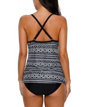 Women's Printed Tankini Swimsuit Cross Back Two Piece Swimwear Set - Black Aztec - C618CSWCMHY $12.67-Tankinis