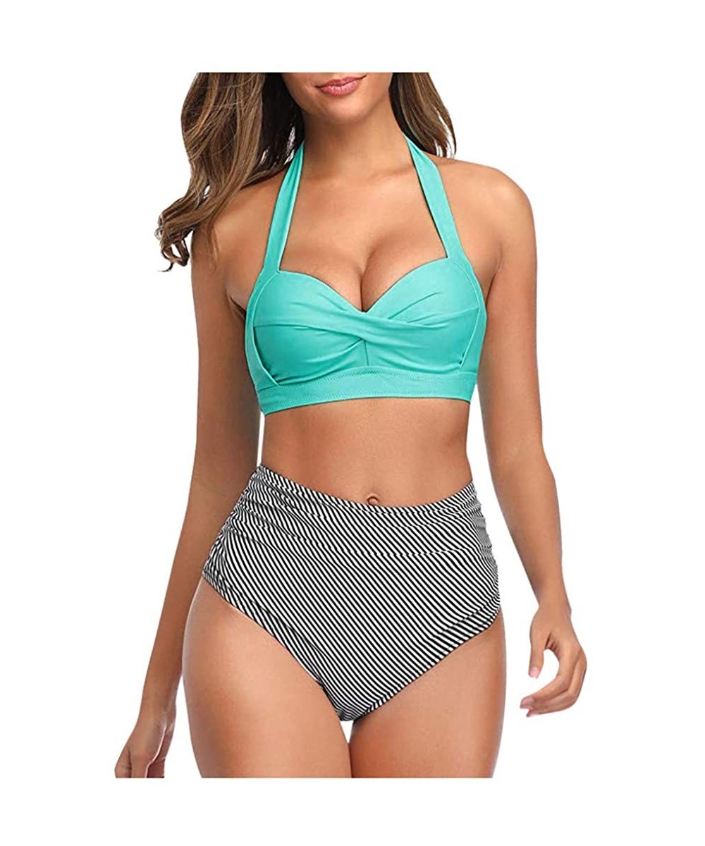 Women's Bikini Set High Waist Swimsuit Two Piece Halter Bandage Wrap Push Up Ruched Girls Bohemia Swimwear Sky Blue - CE194GQ...