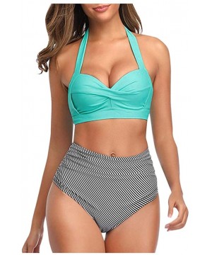 Women's Bikini Set High Waist Swimsuit Two Piece Halter Bandage Wrap Push Up Ruched Girls Bohemia Swimwear Sky Blue - CE194GQ...