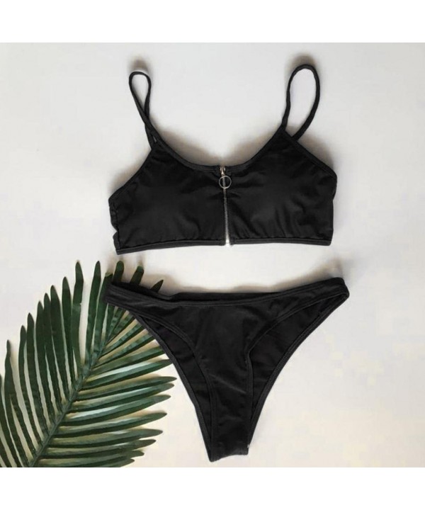 Women Swimwear Separates Bikini Zipper Front Push-Up Padded de Mujer Swimsuit Zip up Beachwear 2 Piece - Black - C718DO5C08A ...