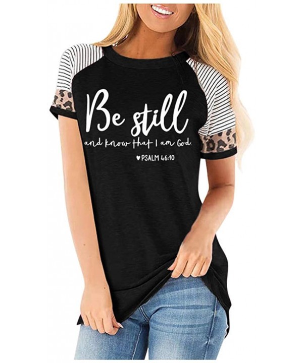 Shirts Be Still Letter Printed Stripe Leopard Print Tops for Women Short Sleeve Loose Comfy Blouse - Black - C219729808R $13....