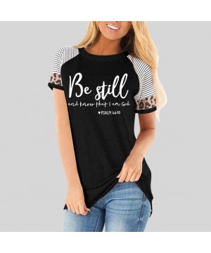 Shirts Be Still Letter Printed Stripe Leopard Print Tops for Women Short Sleeve Loose Comfy Blouse - Black - C219729808R $13....