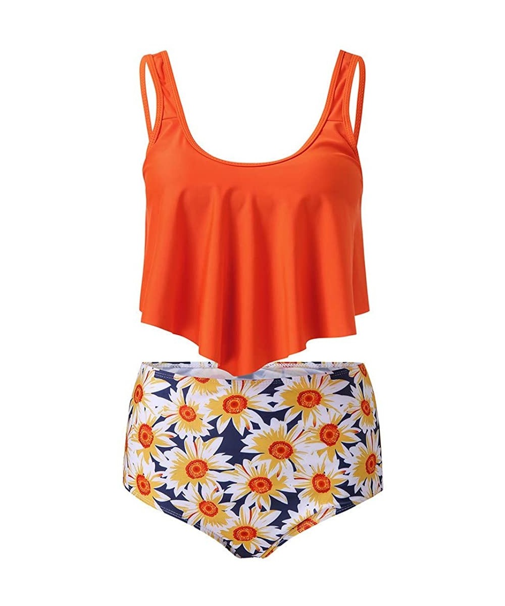 Two Piece Swimsuits for Women Bathing Suits Top Ruffled with High Waisted Bottom Sunflower Print Bikini Set Orange - CA196UKA...