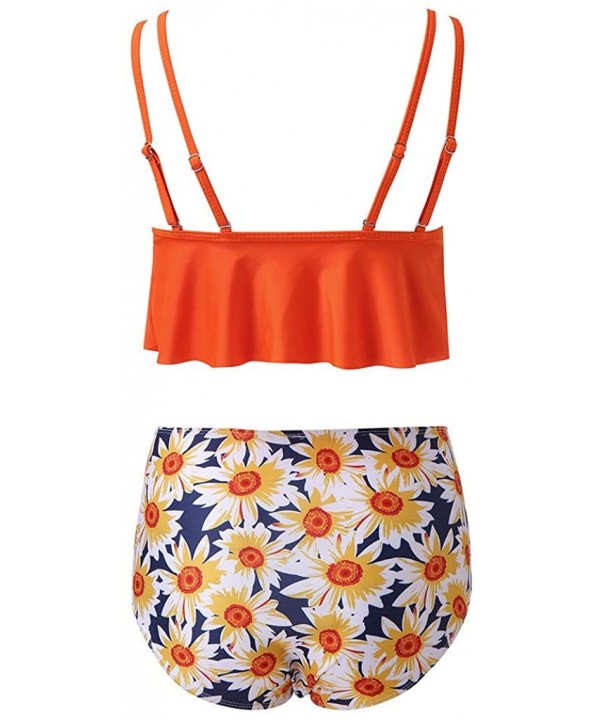 Two Piece Swimsuits for Women Bathing Suits Top Ruffled with High Waisted Bottom Sunflower Print Bikini Set Orange - CA196UKA...