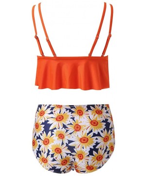 Two Piece Swimsuits for Women Bathing Suits Top Ruffled with High Waisted Bottom Sunflower Print Bikini Set Orange - CA196UKA...