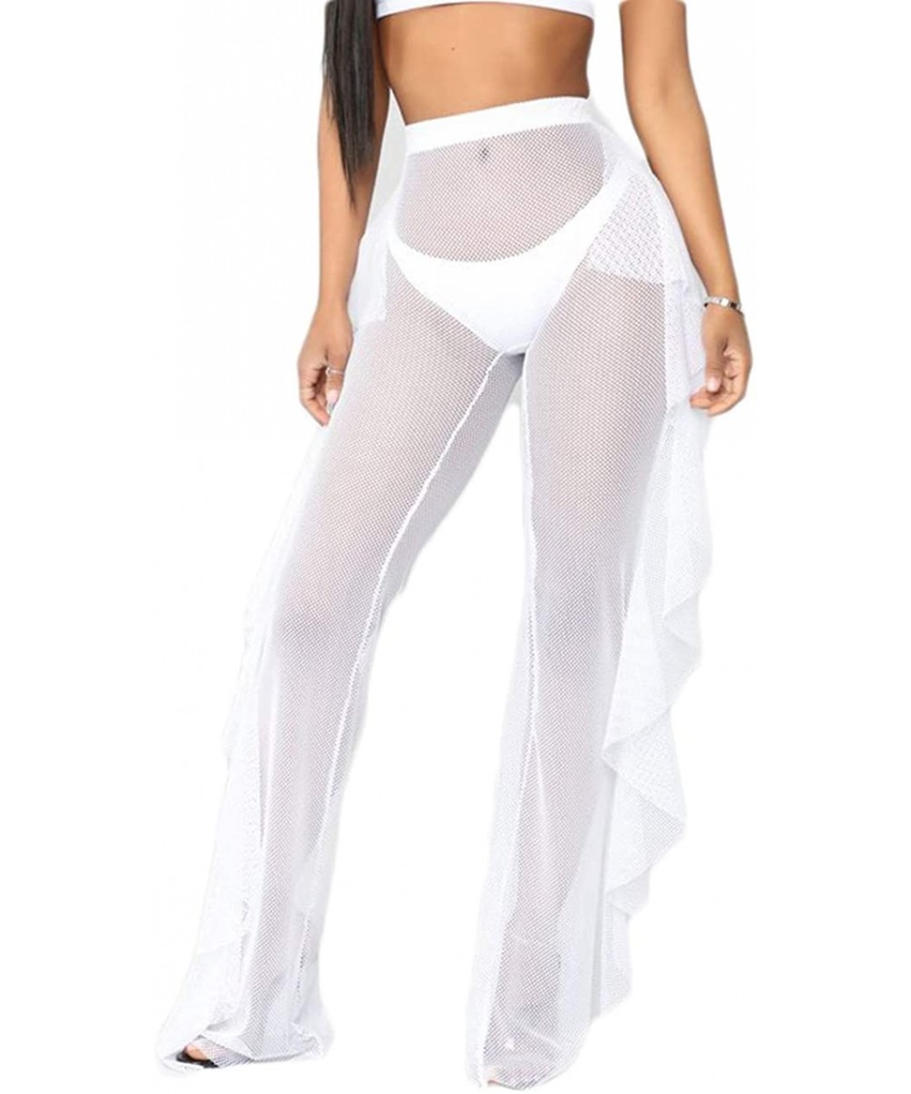 Women Sexy Perspective Mesh Sheer Swim Shorts Pants Bikini Bottom Cover up Ruffle Clubwear Pants - White 2 - CX18RDW5WZA $12....