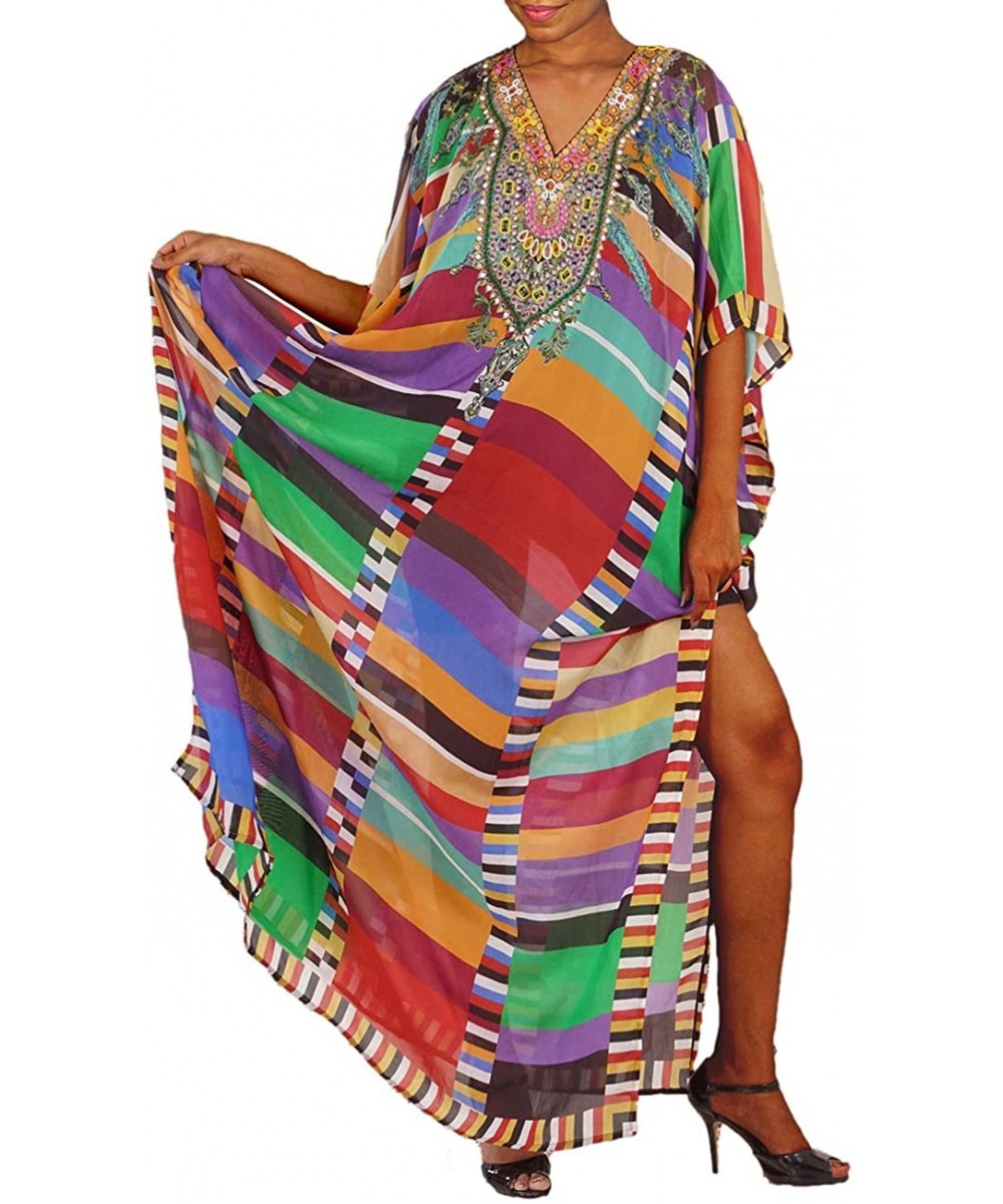 Women Bathing Suit Cover Up Ethnic Print Kaftan Beach Maxi Dresses - Colorful Stripe - CH1904R39C2 $27.57-Cover-Ups