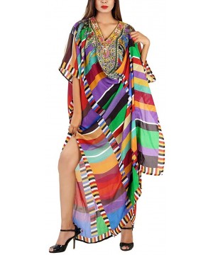 Women Bathing Suit Cover Up Ethnic Print Kaftan Beach Maxi Dresses - Colorful Stripe - CH1904R39C2 $27.57-Cover-Ups