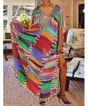 Women Bathing Suit Cover Up Ethnic Print Kaftan Beach Maxi Dresses - Colorful Stripe - CH1904R39C2 $27.57-Cover-Ups