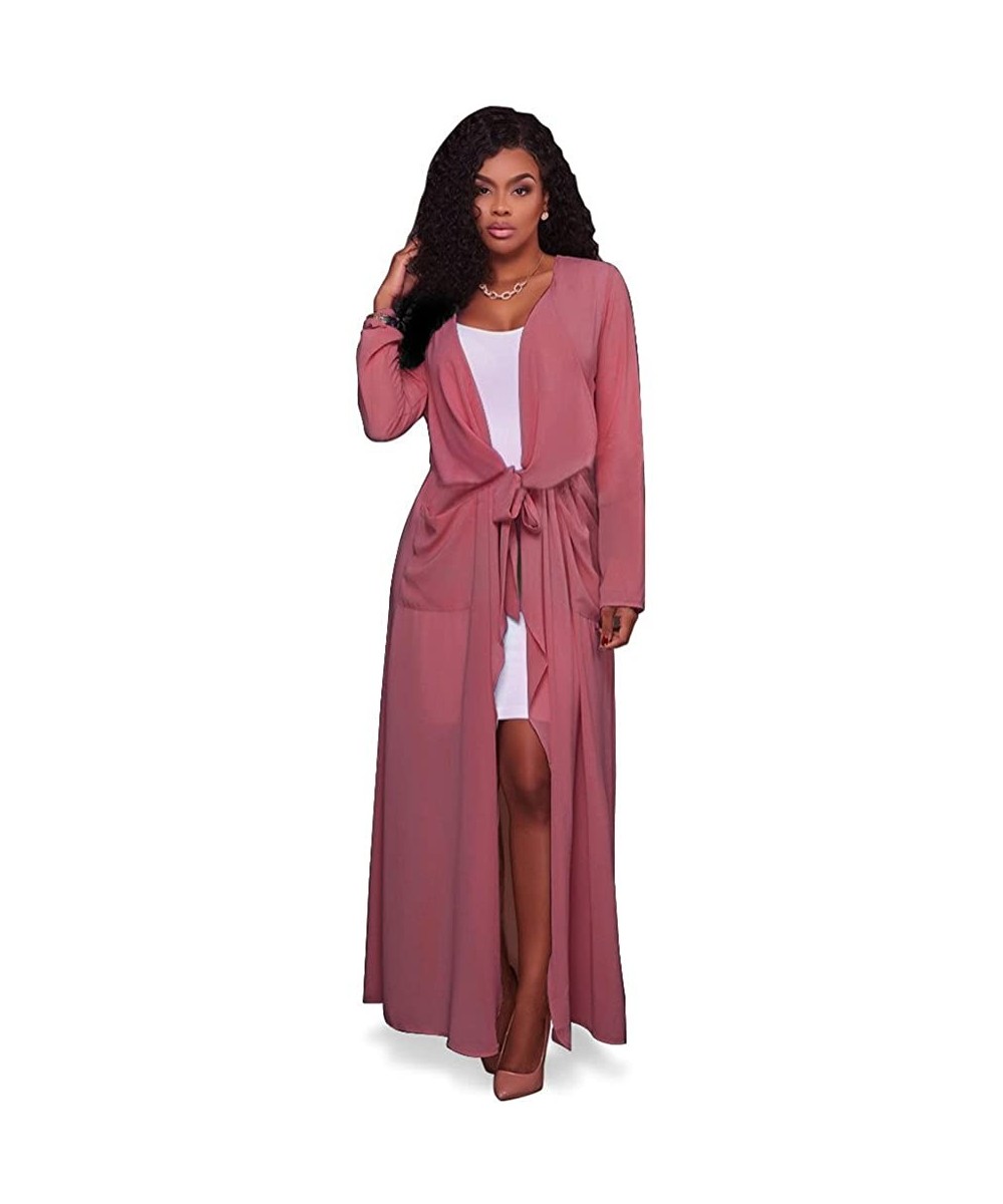 Women's Autumn Fall Cover Up Lightweight Long Loose Chiffon Maxi Cardigan Coat - Red - CS185H4SNGT $14.30-Cover-Ups