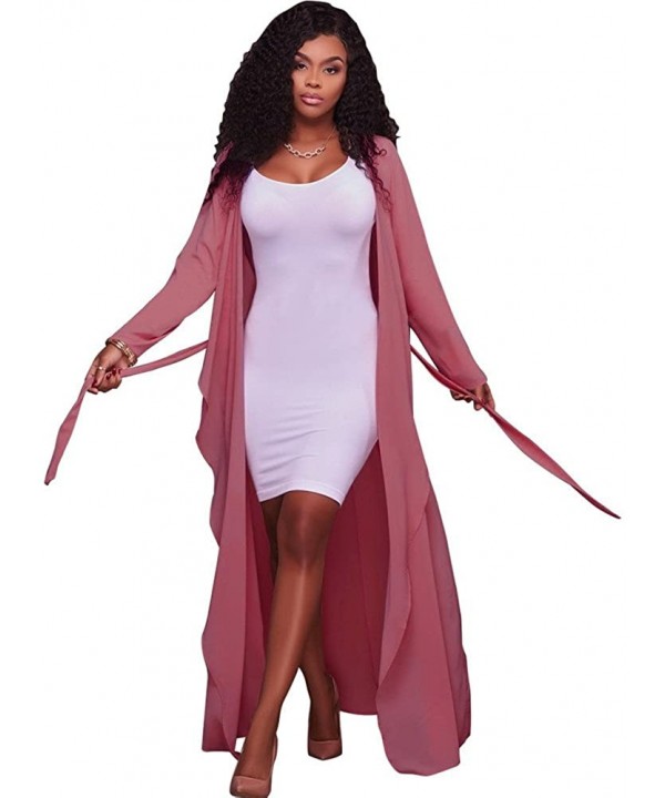 Women's Autumn Fall Cover Up Lightweight Long Loose Chiffon Maxi Cardigan Coat - Red - CS185H4SNGT $14.30-Cover-Ups