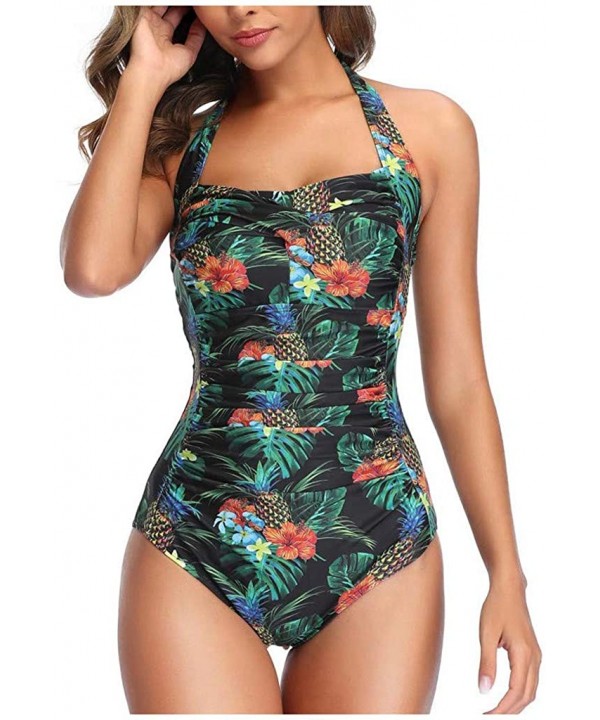 Women One Piece Swimsuit Off Shoulder Pleaed Padded Halter Bathing Suit High Cut Monokini Swimwear - Dark Green - C1196EMH0US...