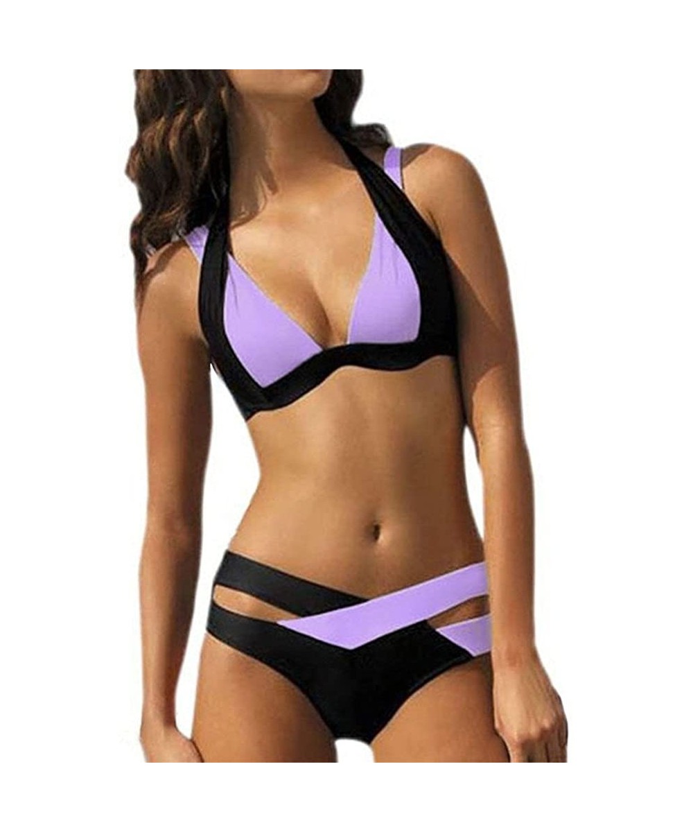 Swimsuit Sexy Swimwear Women Swim Beach Wear Print Bandage Swimsuit - Purple - CE18OEKC32Y $12.78-Bottoms