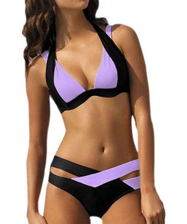 Swimsuit Sexy Swimwear Women Swim Beach Wear Print Bandage Swimsuit - Purple - CE18OEKC32Y $12.78-Bottoms