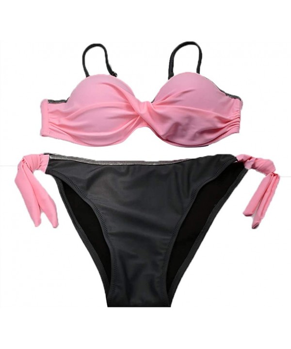 2019 New Women Two Piece Bikini Sets Push up Padded Bra with Side Lace Up Bottom Bathing Suits Swimwear Swimsuit Pink - C418Q...