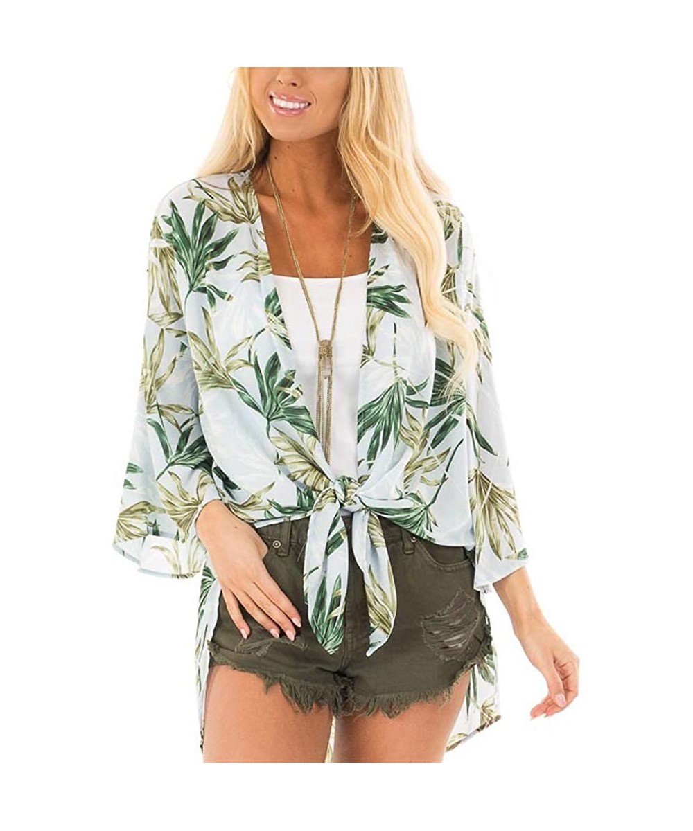 Womens Floral Print Summer Kimono Cardigans Sheer Chiffon Loose Beach Cover Up Tops - Green - C418QKOYW6W $23.57-Cover-Ups