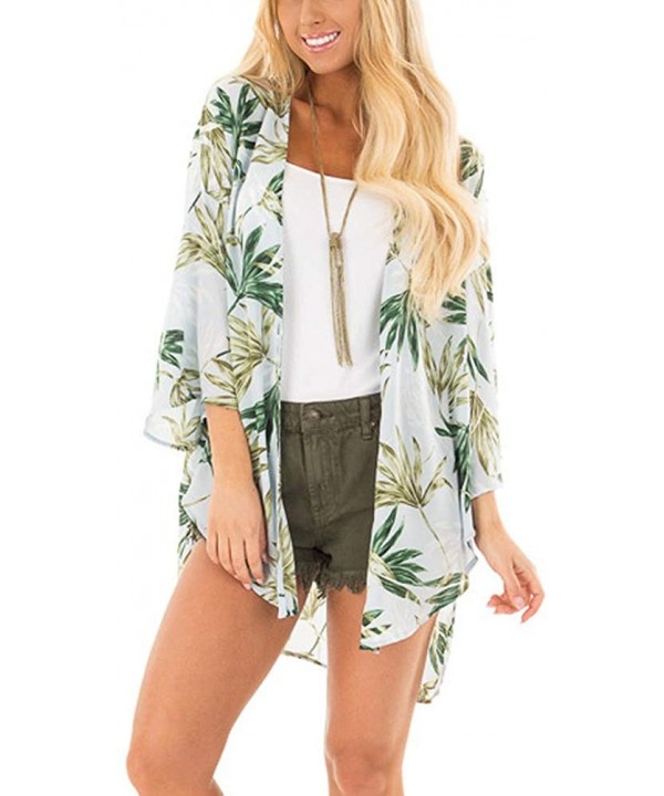 Womens Floral Print Summer Kimono Cardigans Sheer Chiffon Loose Beach Cover Up Tops - Green - C418QKOYW6W $23.57-Cover-Ups