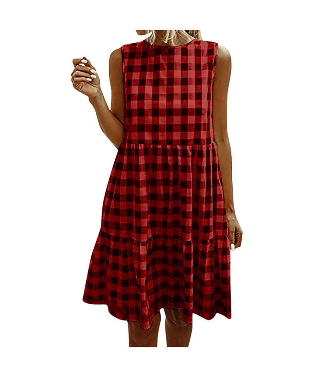 Women Tunic Tops Dresses Lady Plaid Button Irregular Hem Sleeveless Evening Party Dress - Y-2 Red - CM19CQDL4WM $17.10-Cover-Ups