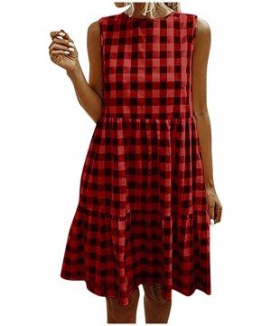 Women Tunic Tops Dresses Lady Plaid Button Irregular Hem Sleeveless Evening Party Dress - Y-2 Red - CM19CQDL4WM $17.10-Cover-Ups