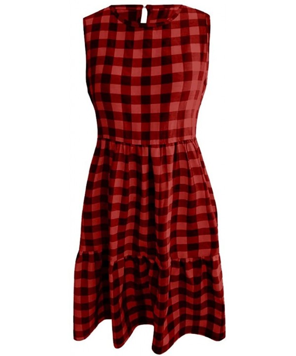 Women Tunic Tops Dresses Lady Plaid Button Irregular Hem Sleeveless Evening Party Dress - Y-2 Red - CM19CQDL4WM $17.10-Cover-Ups