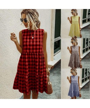 Women Tunic Tops Dresses Lady Plaid Button Irregular Hem Sleeveless Evening Party Dress - Y-2 Red - CM19CQDL4WM $17.10-Cover-Ups